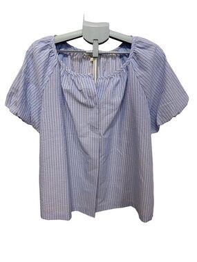 Max Studio Blue Striped Short-Sleeve Peasant Top